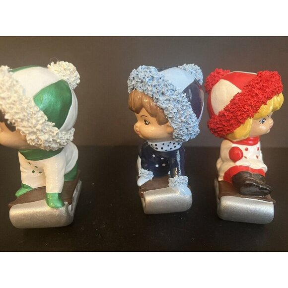 Vintage Kitsch Spaghetti Christmas Kid Village Decor Children Sled Mcm Set4 Lot - Picture 10 of 12